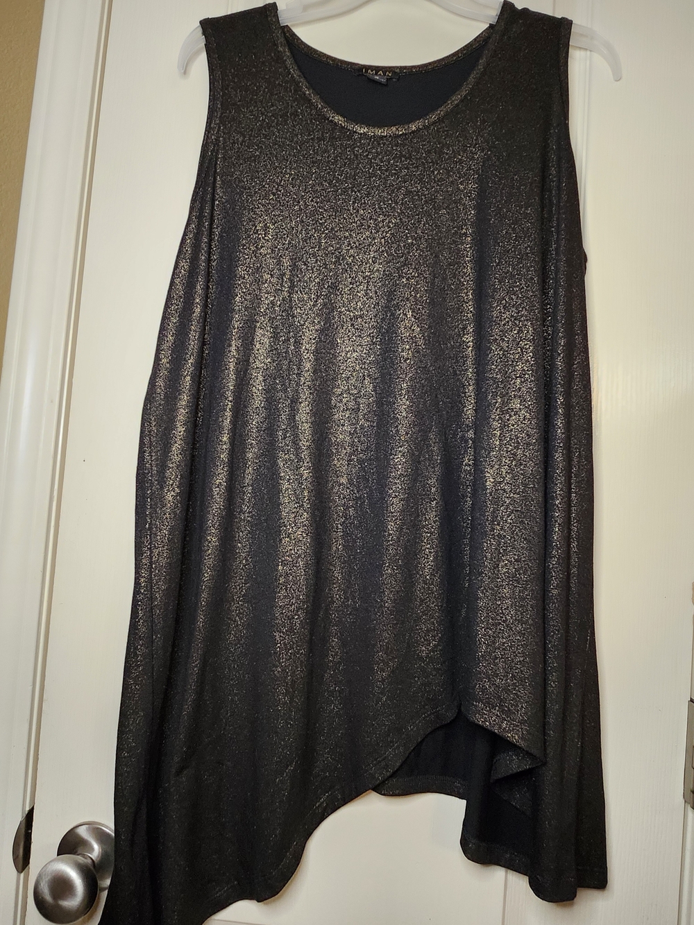 IMAN Metallic Black Gold Shimmer Asymmetric Tank Top